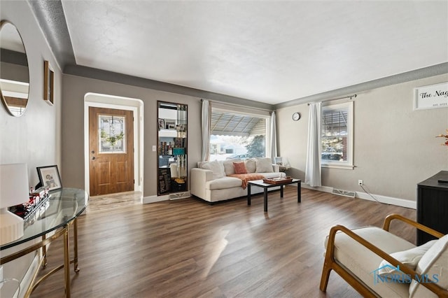 living area with visible vents, baseboards, and wood finished floors