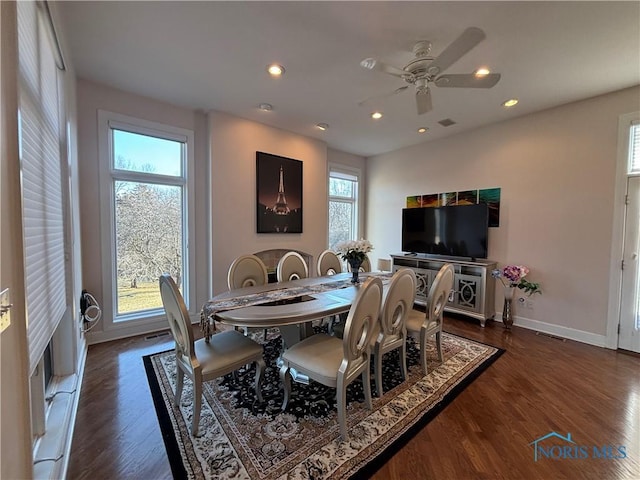 dining room featuring recessed lighting, visible vents, baseboards, and dark wood finished floors