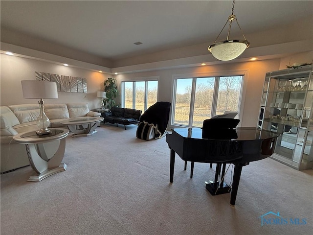 living area with carpet flooring