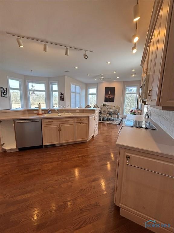 kitchen with dishwasher, light countertops, dark wood-style floors, black electric cooktop, and a sink