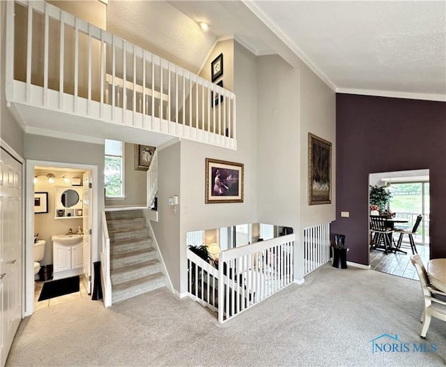 stairs with carpet, baseboards, a towering ceiling, and ornamental molding