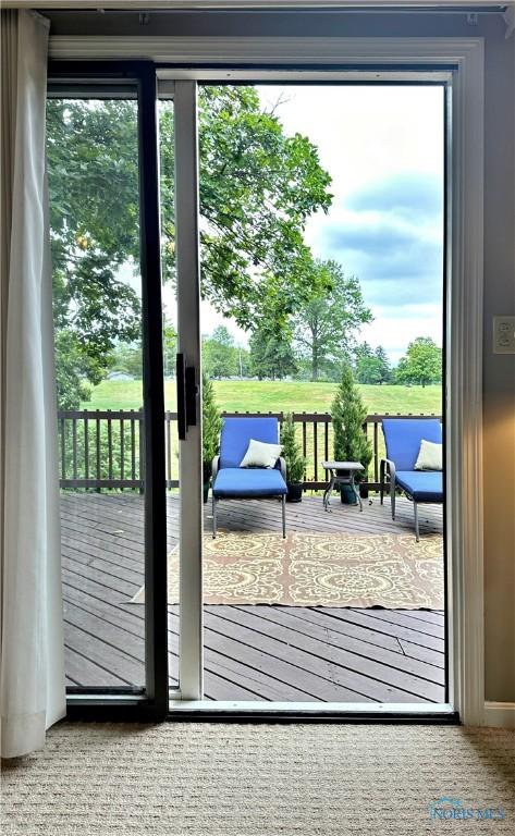 doorway to outside with carpet flooring