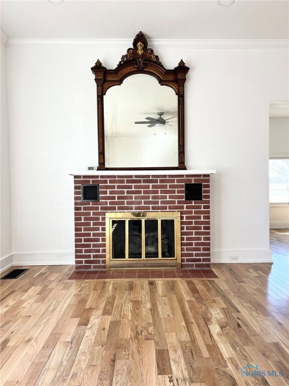 details with wood finished floors, a fireplace, baseboards, and ornamental molding