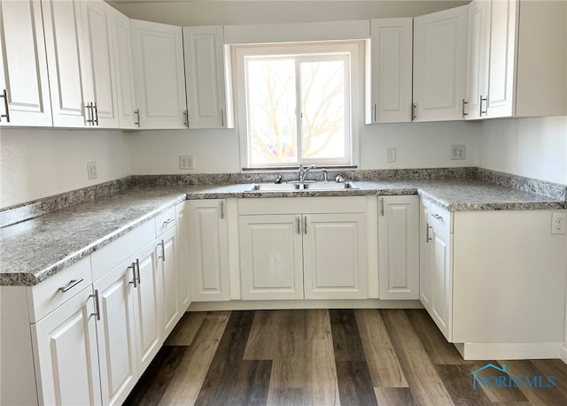 kitchen featuring white cabinets, light countertops, dark wood-type flooring, and a sink