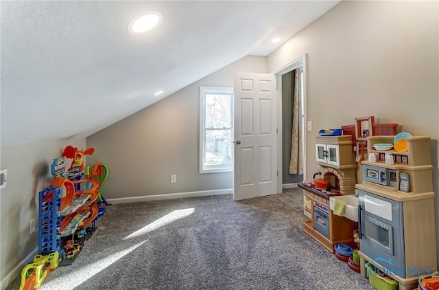 playroom featuring recessed lighting, baseboards, carpet, and vaulted ceiling