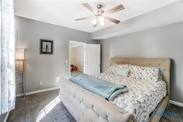 bedroom featuring baseboards, carpet, and a ceiling fan