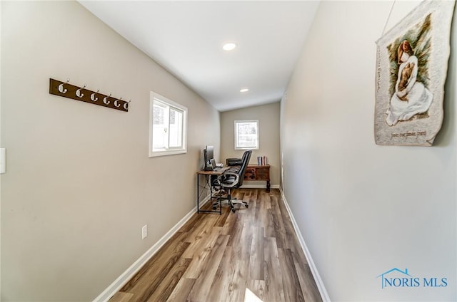 office with recessed lighting, baseboards, and wood finished floors