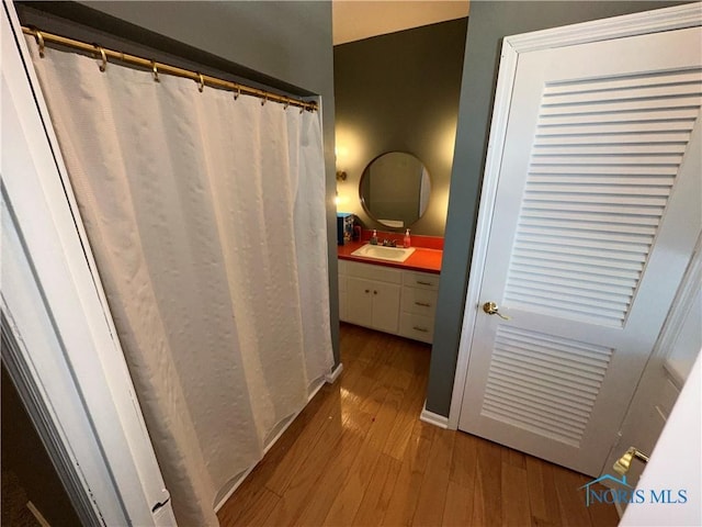 bathroom with hardwood / wood-style floors and vanity