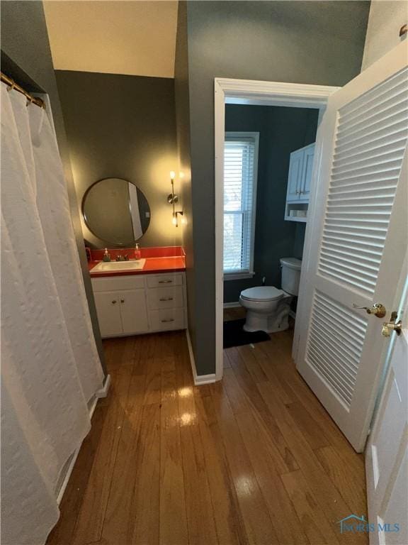 bathroom with toilet, vanity, and hardwood / wood-style flooring