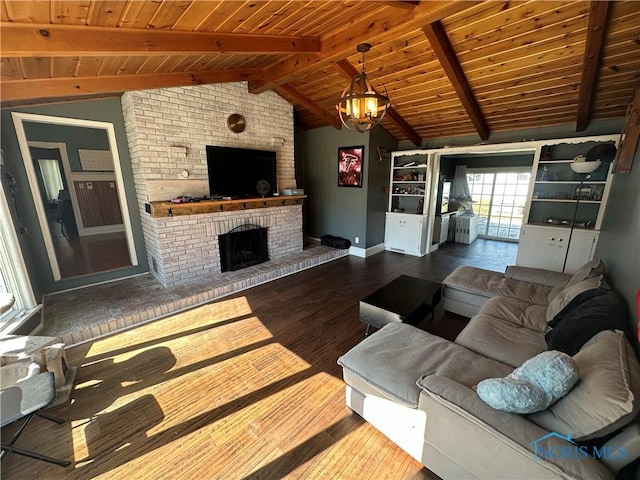 living room with wood finished floors, vaulted ceiling with beams, a fireplace, wood ceiling, and a chandelier