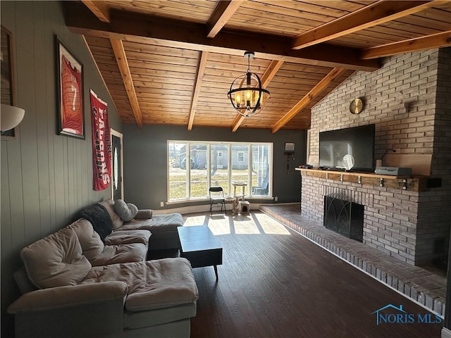 living room with wooden ceiling, lofted ceiling with beams, wood finished floors, and a fireplace