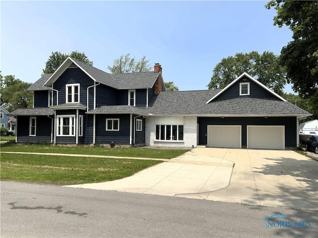 303 N Squire St, Holgate, OH 43527 - view of front of property featuring a chimney, a garage, a front lawn, concrete driveway, and roof with shingles