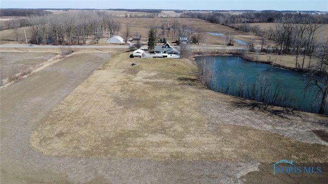 bird's eye view with a water view and a rural view