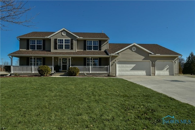 view of front of property with covered porch, an attached garage, driveway, and a front yard