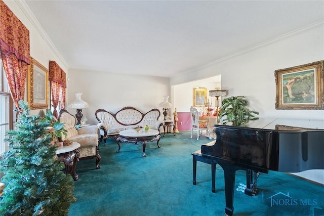 living area with carpet flooring and ornamental molding