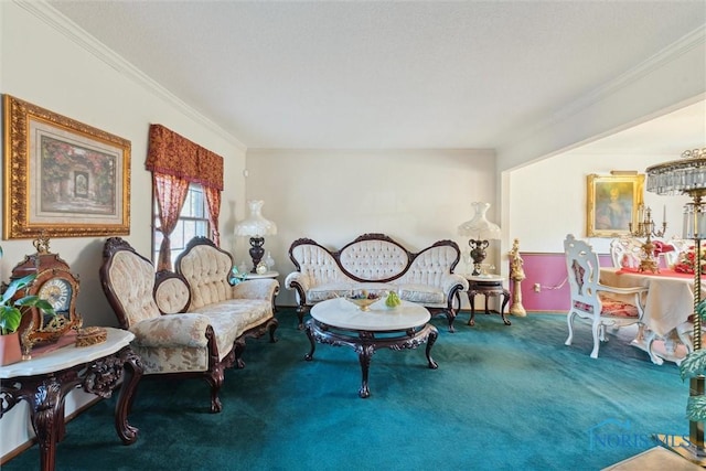 carpeted living room with ornamental molding