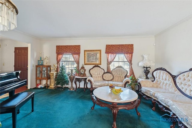 living area with carpet floors and crown molding