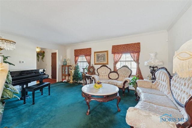 carpeted living room featuring ornamental molding