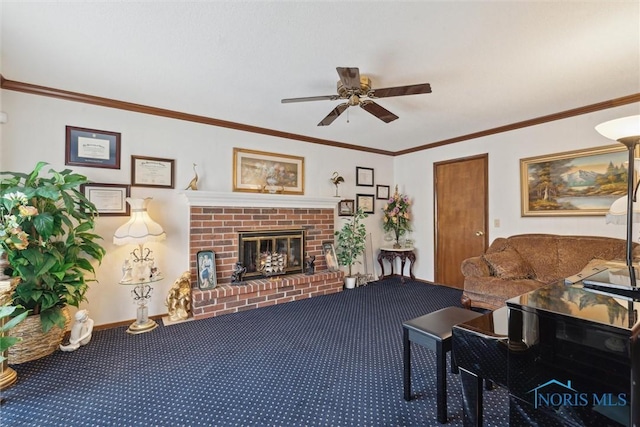 living room with baseboards, a fireplace, ceiling fan, crown molding, and carpet flooring