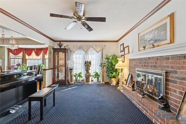 interior space featuring a fireplace, crown molding, a healthy amount of sunlight, and a textured ceiling