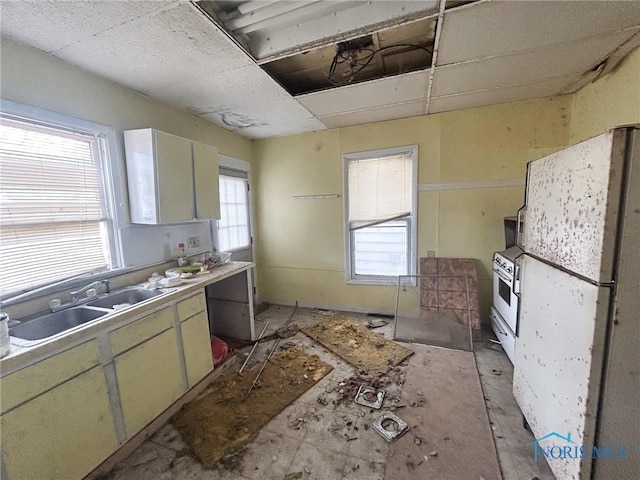 kitchen with white appliances, a paneled ceiling, light countertops, and a sink