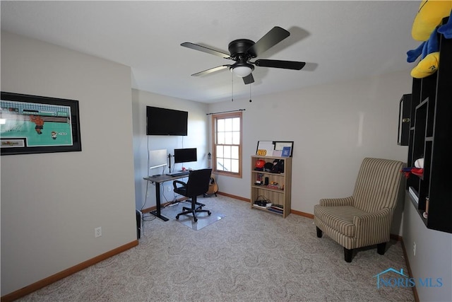 office with baseboards, carpet floors, and ceiling fan