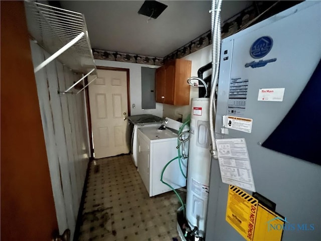 laundry room with heating unit, cabinet space, water heater, tile patterned floors, and washer and clothes dryer