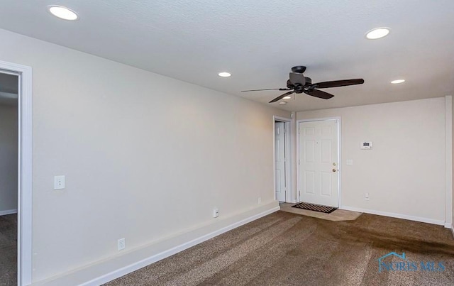 unfurnished room with carpet flooring, recessed lighting, baseboards, and ceiling fan