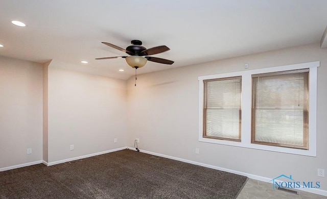 empty room featuring recessed lighting, baseboards, and ceiling fan