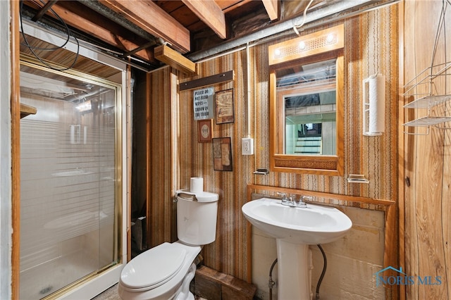 bathroom featuring a sink, toilet, and a shower stall