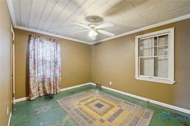 unfurnished room with crown molding, baseboards, visible vents, and concrete floors