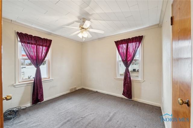 carpeted spare room with visible vents, baseboards, a ceiling fan, and crown molding