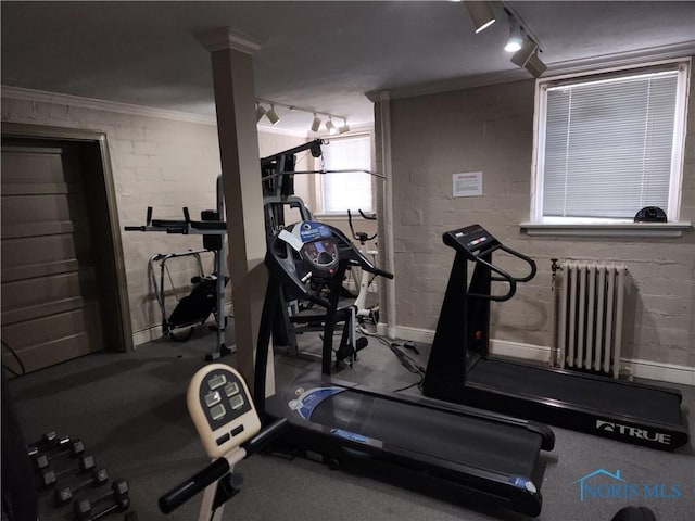 workout area with track lighting, radiator, ornamental molding, concrete block wall, and ornate columns