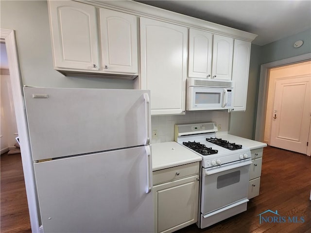 kitchen with light countertops, decorative backsplash, dark wood-style floors, white appliances, and white cabinetry