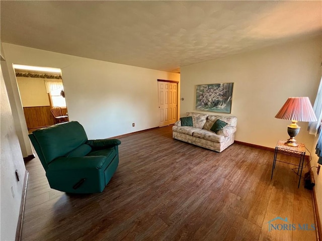 living area featuring baseboards, a textured ceiling, and wood finished floors