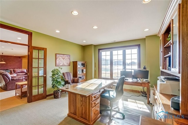 office area with recessed lighting, baseboards, and light colored carpet