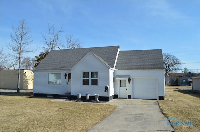 view of front of house with an attached garage, concrete driveway, a front yard, and roof with shingles