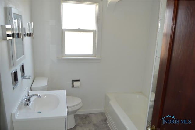 full bathroom with vanity, baseboards, walk in shower, toilet, and a bathtub