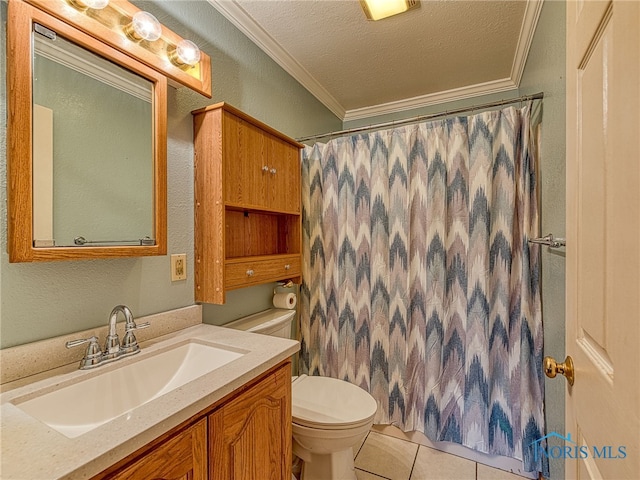 full bathroom featuring tile patterned flooring, toilet, vanity, ornamental molding, and a textured ceiling