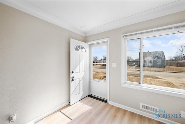 doorway with visible vents, baseboards, a healthy amount of sunlight, and light wood-style flooring