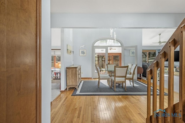 dining room with a ceiling fan, light wood-style floors, and a wealth of natural light