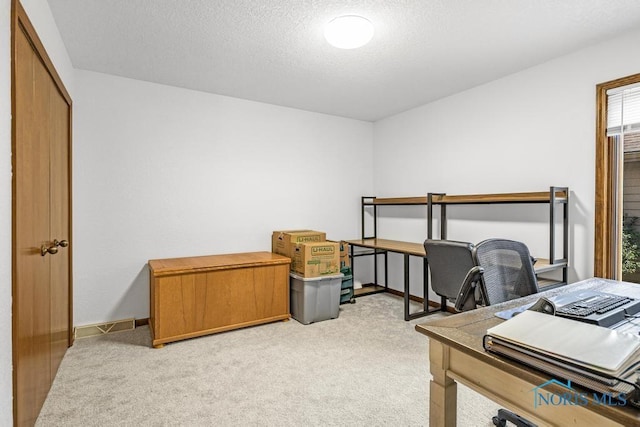 office space with baseboards, light carpet, and a textured ceiling