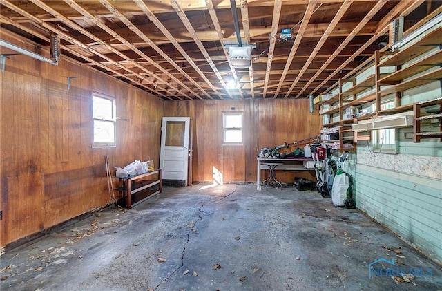 basement featuring a wealth of natural light and wooden walls