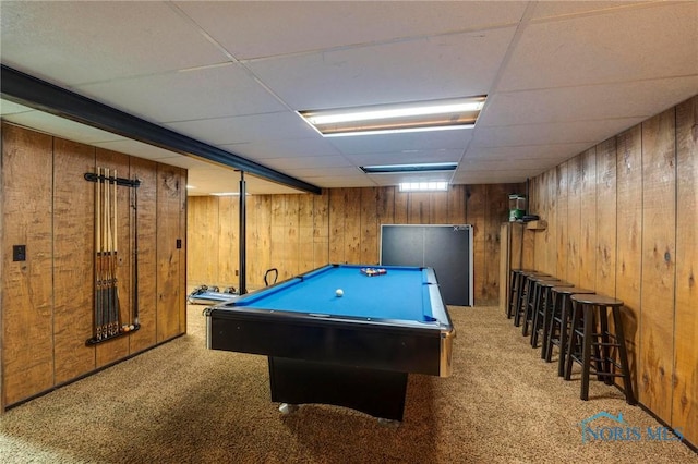 playroom featuring billiards, wooden walls, a drop ceiling, and carpet floors