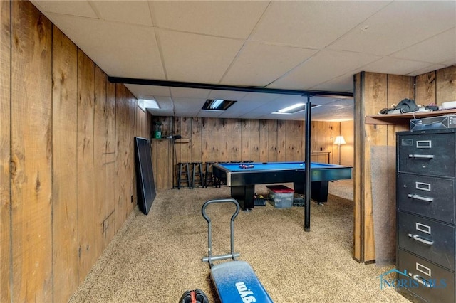 recreation room featuring billiards, wooden walls, a drop ceiling, and carpet floors