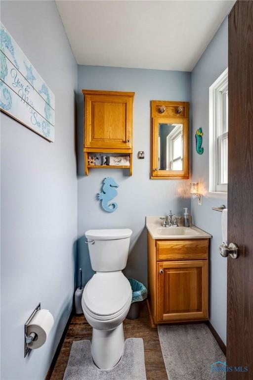 bathroom featuring toilet, wood finished floors, and vanity