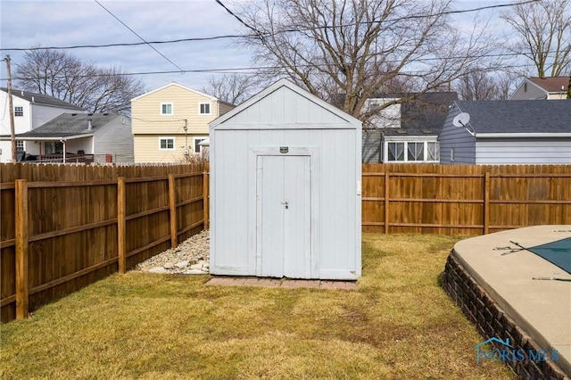 view of shed with a fenced backyard