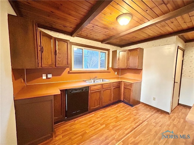 kitchen with beam ceiling, light wood-style flooring, a sink, light countertops, and dishwasher