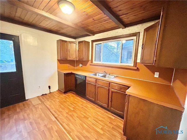 kitchen with light wood-type flooring, beamed ceiling, a sink, black dishwasher, and wooden ceiling