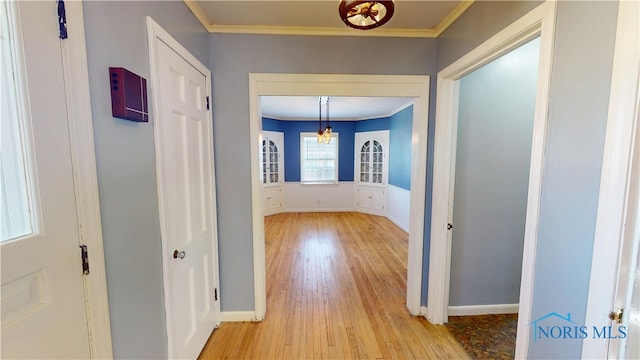 hall with light wood-style floors and ornamental molding